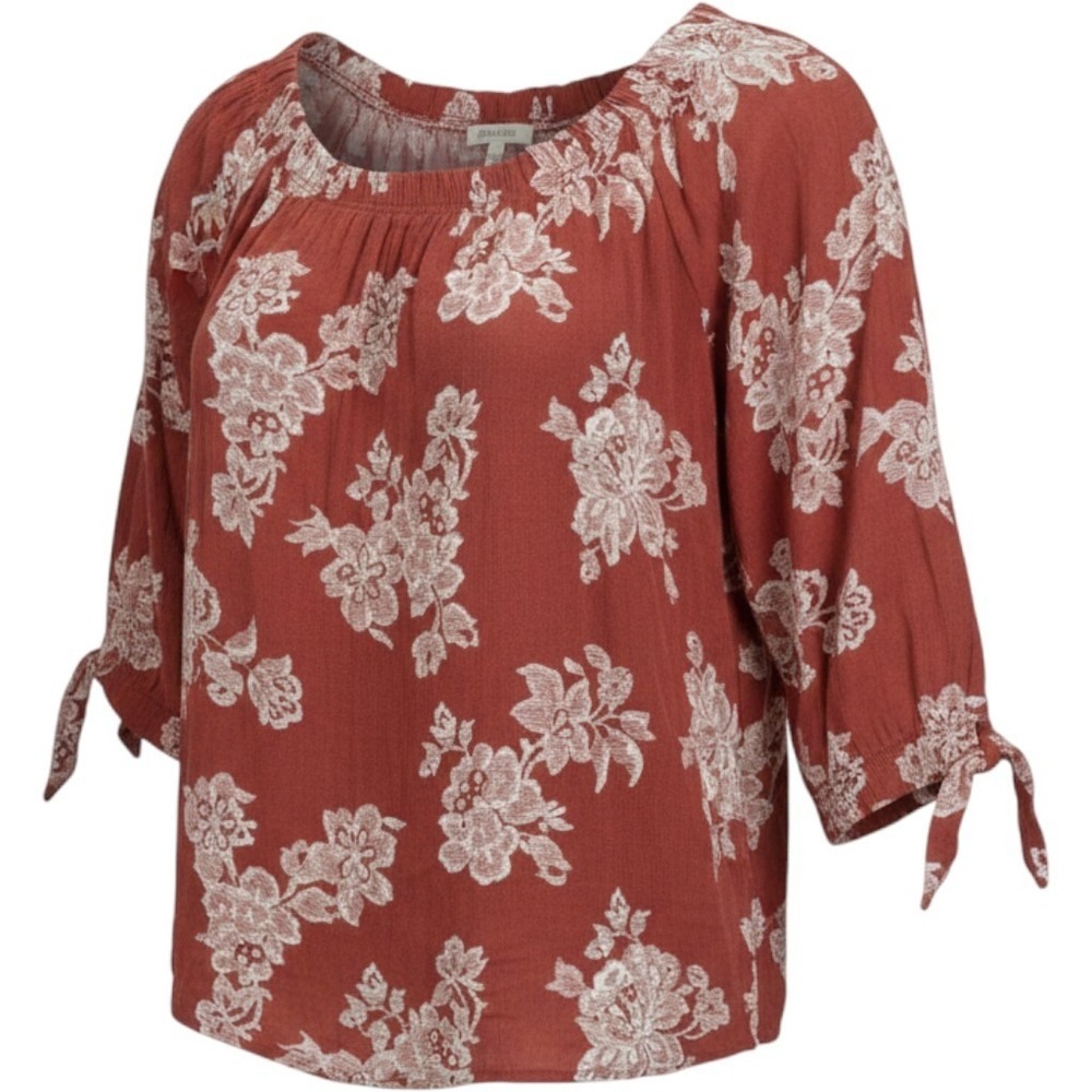 Zenobia Blouse Women XL Rust Floral Peasant Top 3/4 Tie Sleeve Crepe